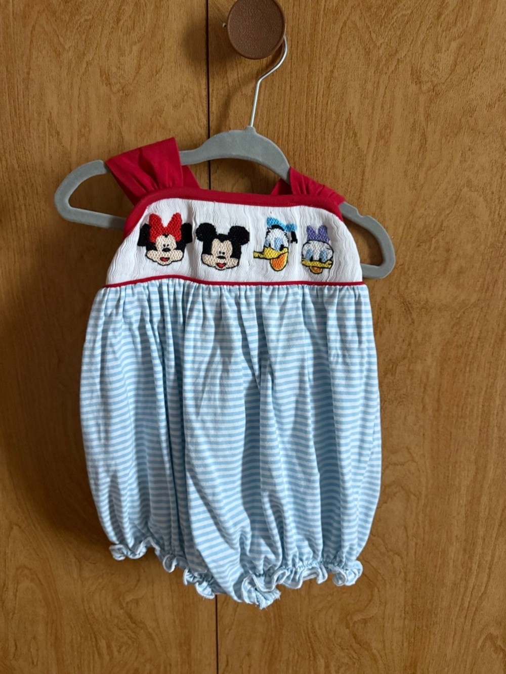 Smocked Flamingo Mickey & Minnie Mouse and friends Red & Blue stripe bubble